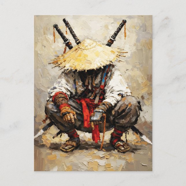 Samurai Resting Palette Knife Orange Impasto Postcard (Front)