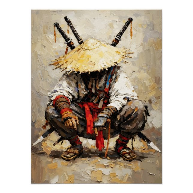 Samurai Resting Palette Knife Orange Impasto Poster (Front)