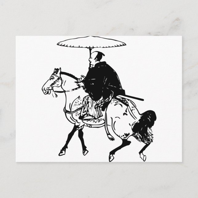Samurai Riding a Horse with Umbrella, Black Line Postcard (Front)