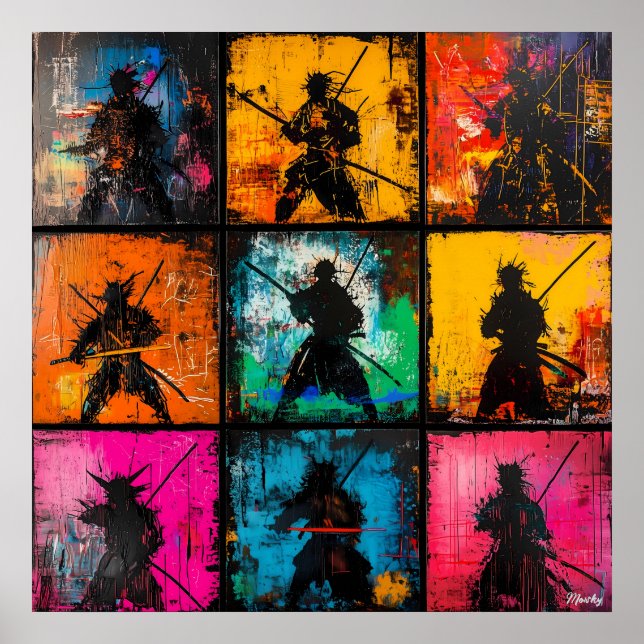 Samurai Silhouette Art Grid Bold Graffiti Style  Poster (Front)