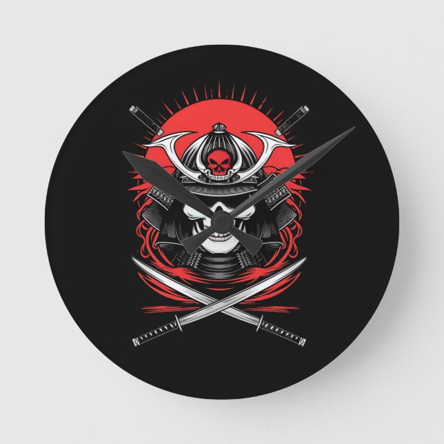 Samurai Skull Rising Sun Warrior Art Round Clock (Front)