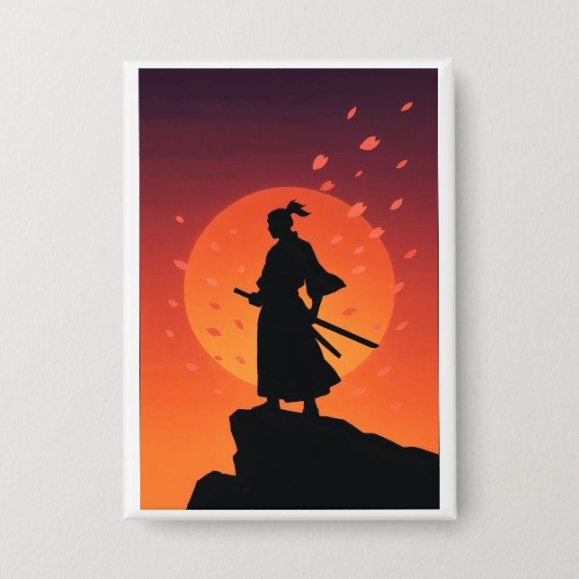 Samurai Sunset Button Minimalist Japanese Warrior (Front)