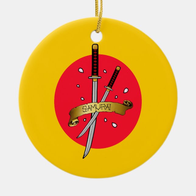Samurai Sword Tattoo Ceramic Tree Decoration (Front)