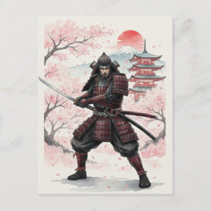 Samurai Under Cherry Blossom Sunset Postcard