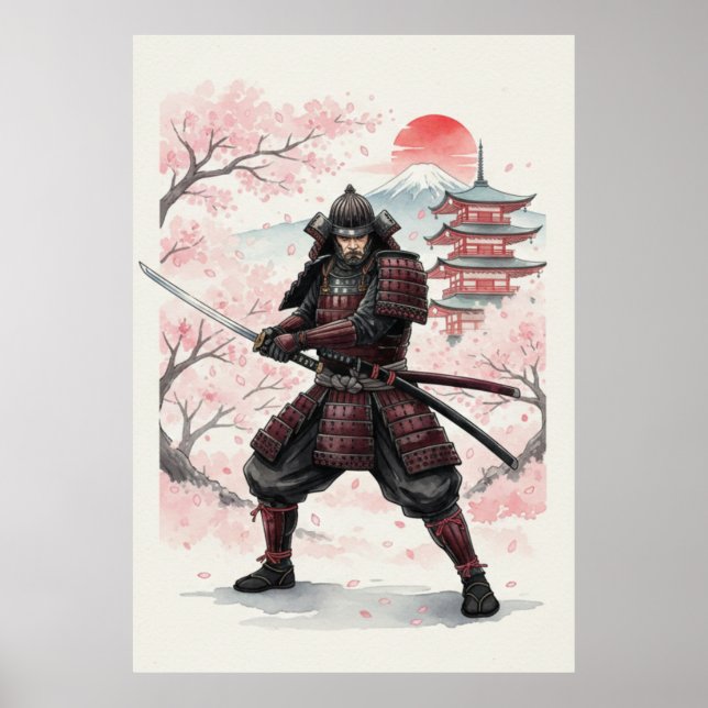 Samurai Under Cherry Blossom Sunset Poster (Front)