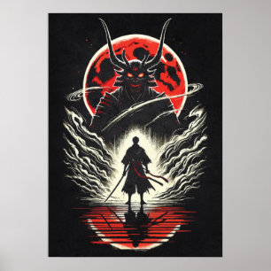 Samurai vs Demon - Japanese Anime Tattoo Art Poster