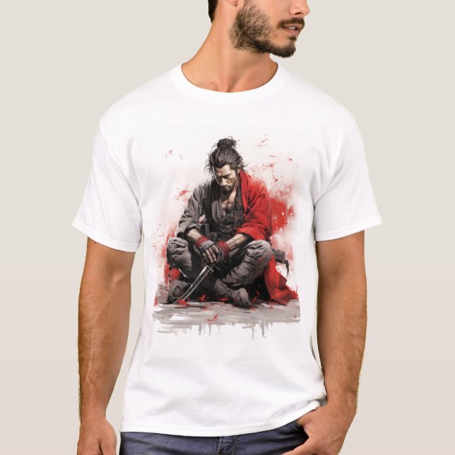 Samurai Warrior Crouching with Drawn Sword T-Shirt (Front)
