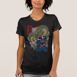 Samurai Warrior Facing Fierce Dragon Japanese Art T-Shirt