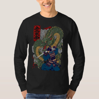 Samurai Warrior Facing Fierce Dragon Japanese Art T-Shirt