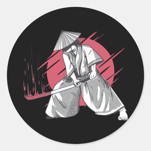 Samurai Warrior Hits with Katana Classic Round Sticker (Front)