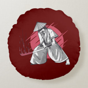 Samurai Warrior Hits with Katana Round Cushion