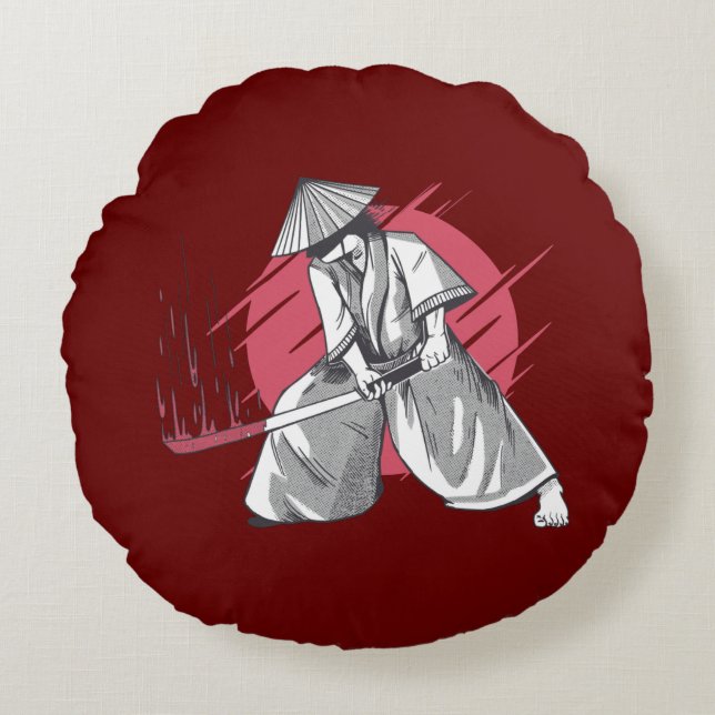 Samurai Warrior Hits with Katana Round Cushion (Front)