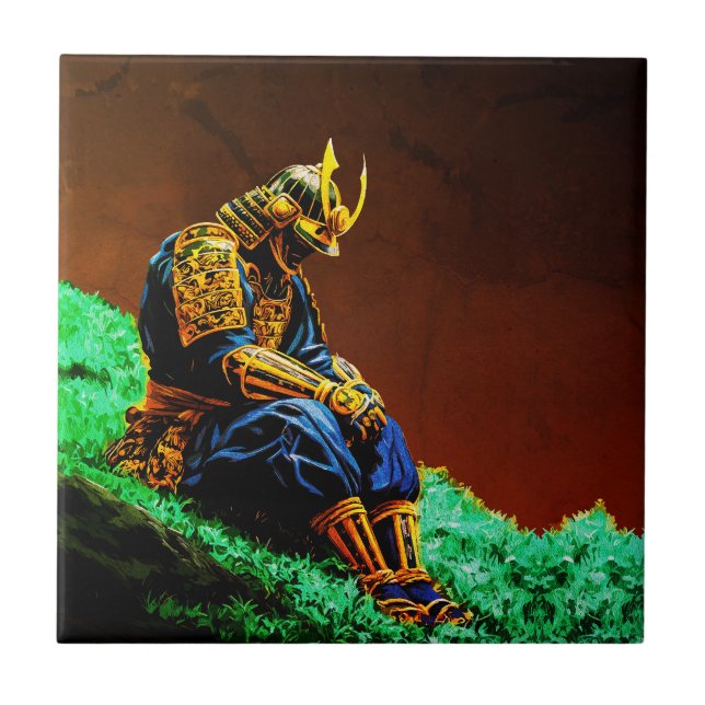 Samurai Warrior in Golden Armour – Epic Japanese Ceramic Tile (Front)