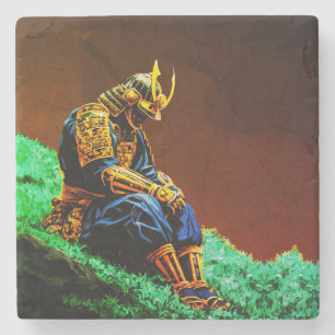 Samurai Warrior in Golden Armour – Epic Japanese Stone Coaster