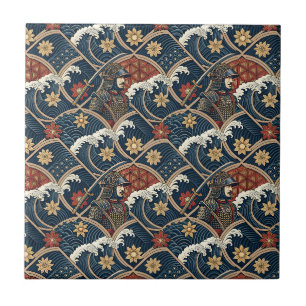 Samurai Warrior & Ocean Wave Japanese Pattern Art Ceramic Tile