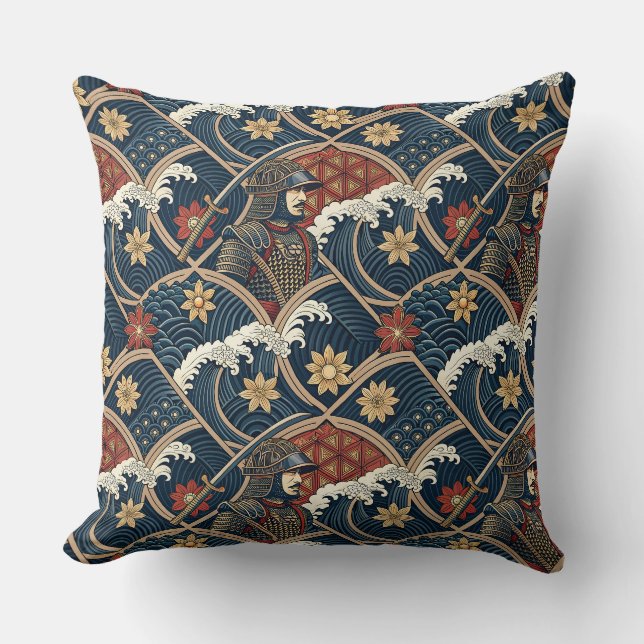 Samurai Warrior & Ocean Wave Japanese Pattern Art Cushion (Front)