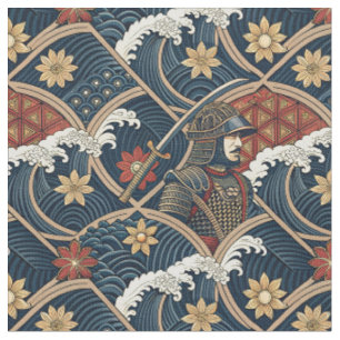 Samurai Warrior & Ocean Wave Japanese Pattern Art Fabric