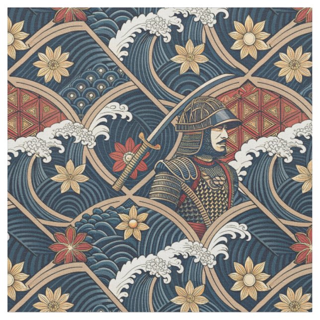 Samurai Warrior & Ocean Wave Japanese Pattern Art Fabric (Close Up)