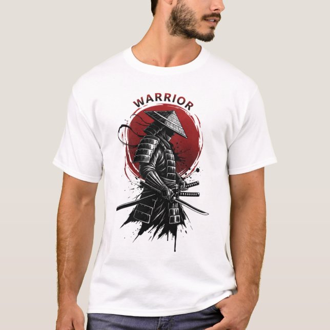 Samurai Warrior Rising Sun Japanese Ink Style T-Shirt (Front)