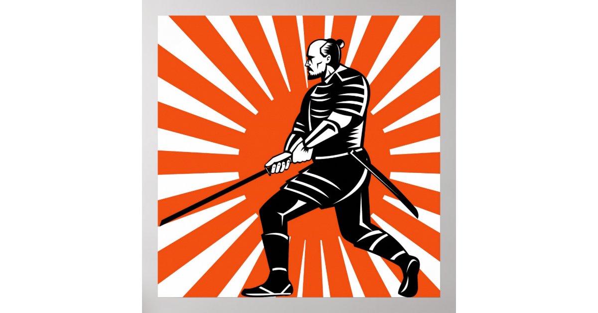 Samurai warrior with katana sword pointing side poster | Zazzle