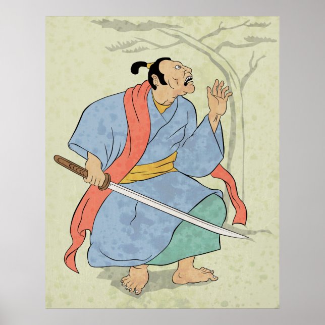 Samurai warrior with sword wood block print (Front)