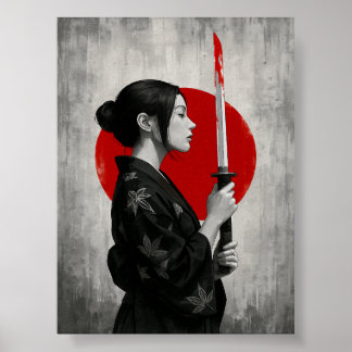 Samurai Woman with Katana in Front of Red Sun Poster