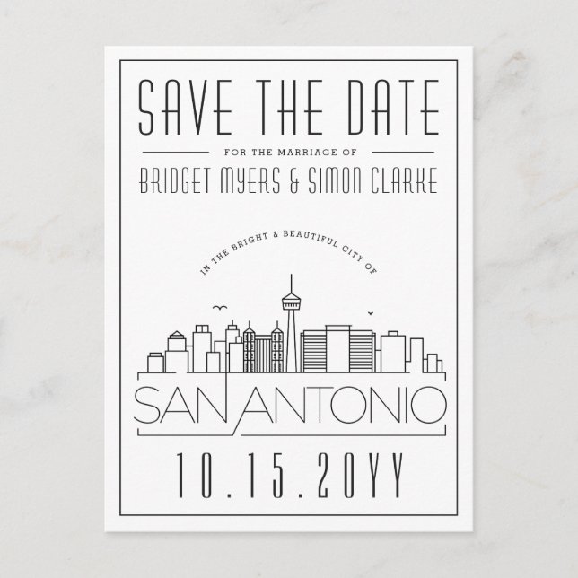 San Antonio | Stylised Skyline Save the Date Postcard (Front)