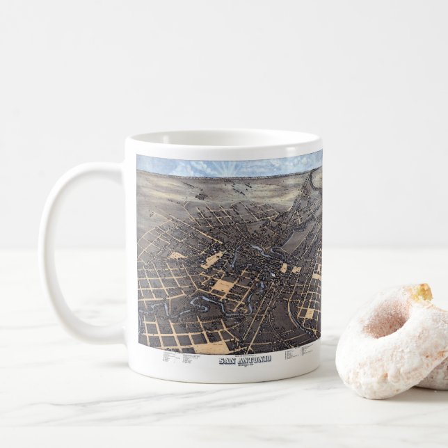 San Antonio, Texas, Antique Aerial City Map, 1873 Coffee Mug (With Donut)