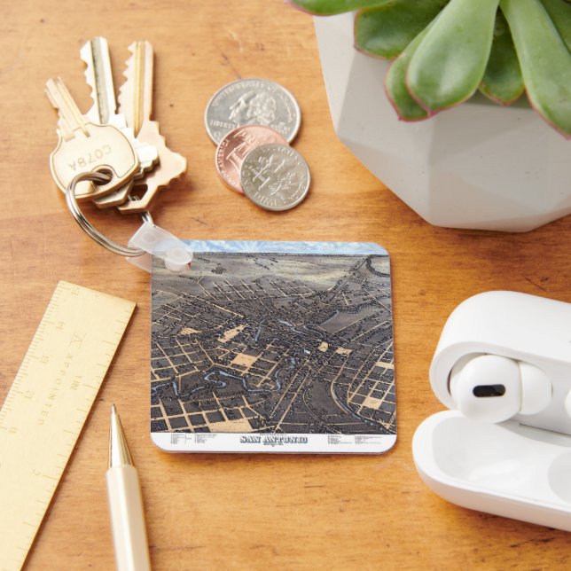 San Antonio, Texas, Antique Aerial City Map, 1873 Key Ring (Desk)