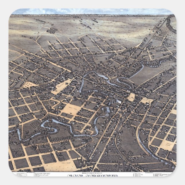 San Antonio, Texas, Antique Aerial City Map, 1873 Square Sticker (Front)