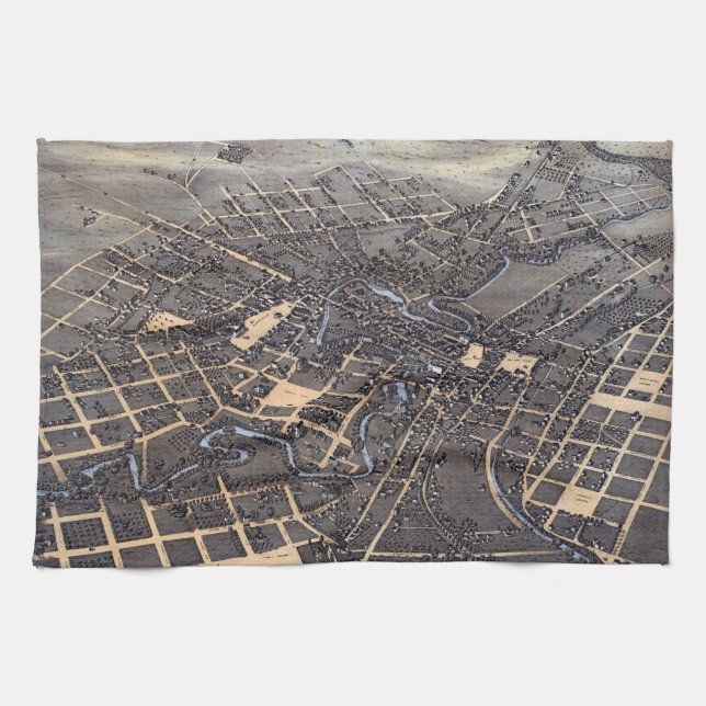 San Antonio, Texas, Antique Aerial City Map, 1873 Tea Towel (Horizontal)
