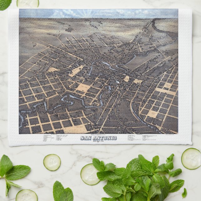 San Antonio, Texas, Antique Aerial City Map, 1873 Tea Towel (Folded)
