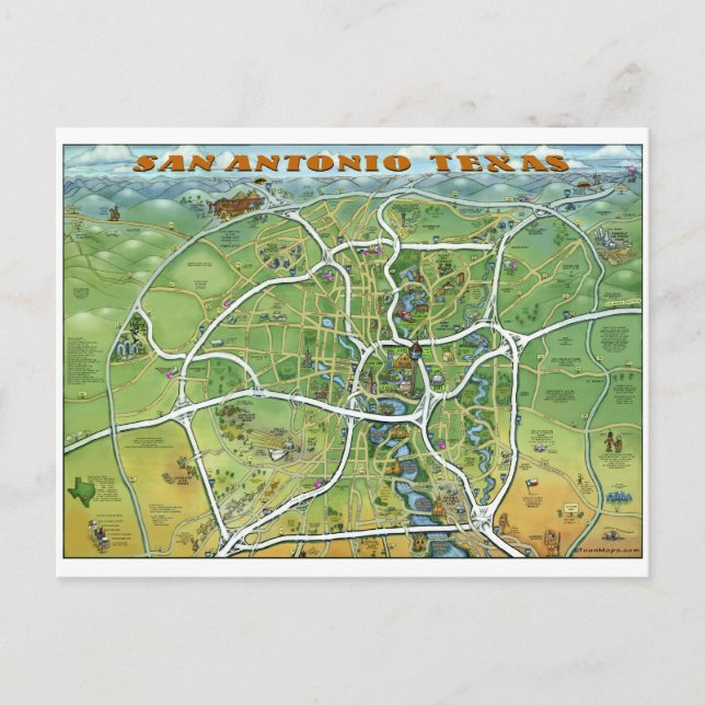 San Antonio Texas Cartoon Map Postcard (Front)