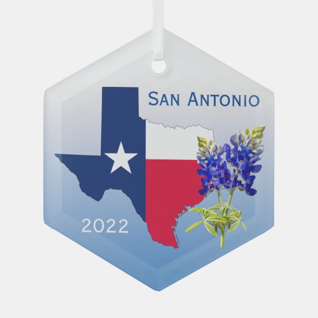 San Antonio Texas, Outline & Bluebonnets Ornament (Front)