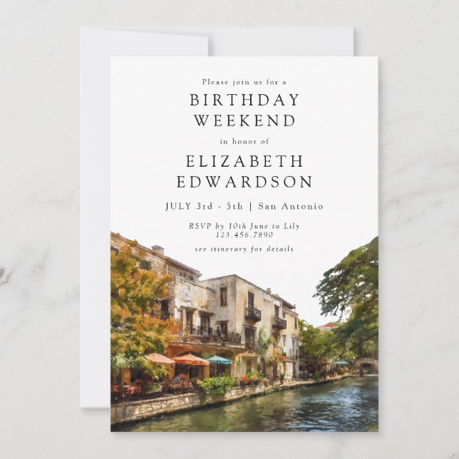 San Antonio Watercolor Birthday Weekend Invitation (Front)