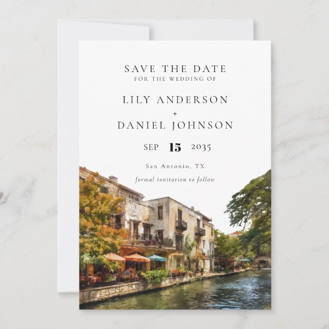 San Antonio Watercolor Destination Wedding Save The Date (Front)