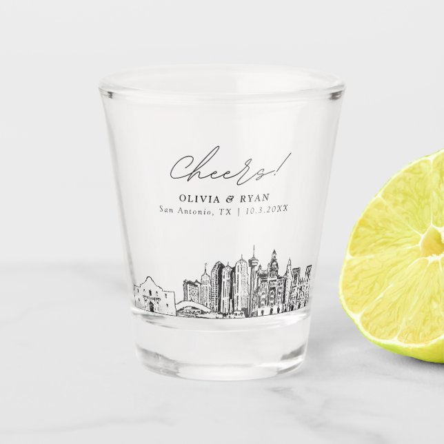 San Antonio Wedding Favour Personalised Cheers Shot Glass (Front)