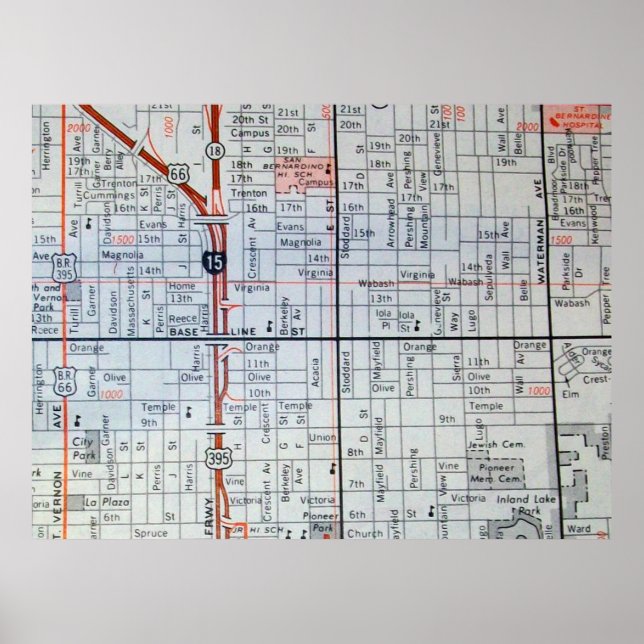 San Bernardino, CA Vintage Map Poster (Front)