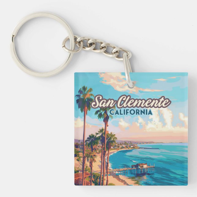 San Clemente California Beach Orange County Retro Key Ring (Front)