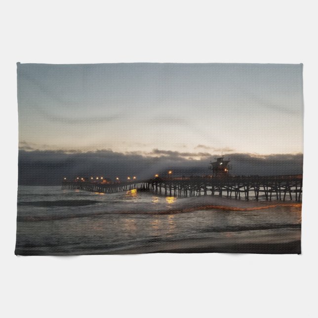 san clemente pier night time ocean california tea towel (Horizontal)