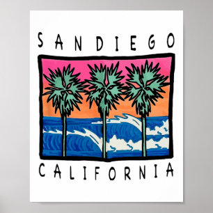 San Diego Beach Waves Vintage Surfing Graphic  Poster