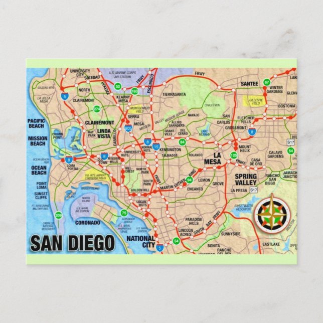 San Diego CA Map Postcard (Front)