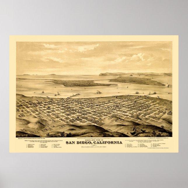 San Diego, CA Panoramic Map - 1876 Poster (Front)