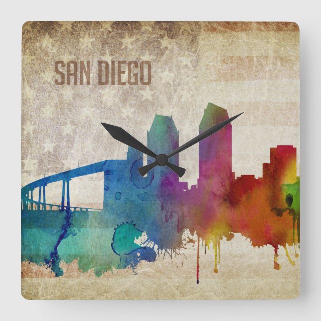 San Diego, CA | Watercolor City Skyline Square Wall Clock (Front)