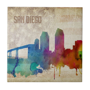 San Diego, CA   Watercolor City Skyline Tile