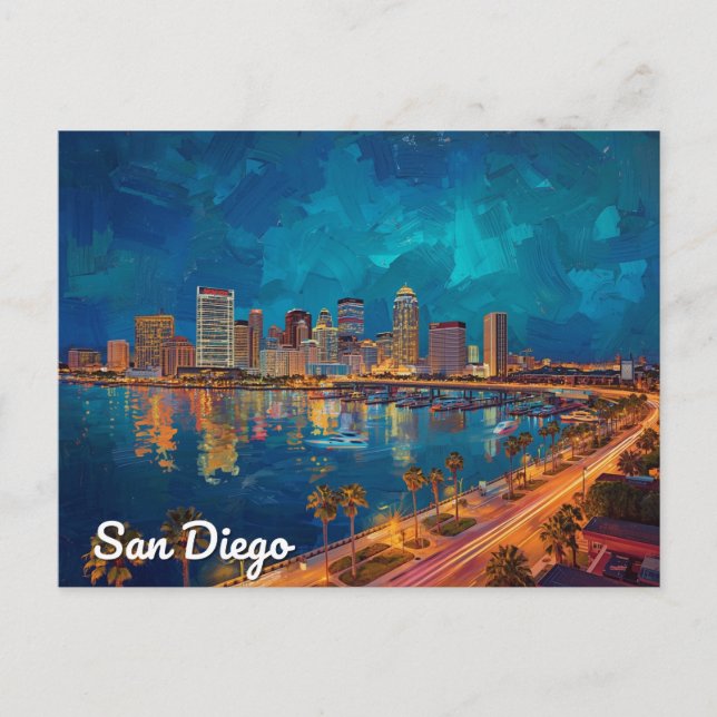 San Diego CA Waterfront City Art Postcard (Front)
