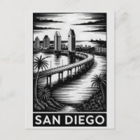 San Diego California Black White Woodcut