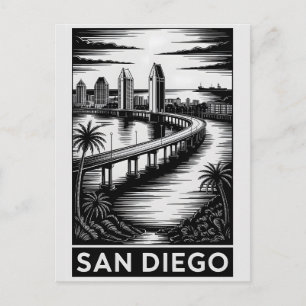 San Diego California Black White Woodcut Postcard