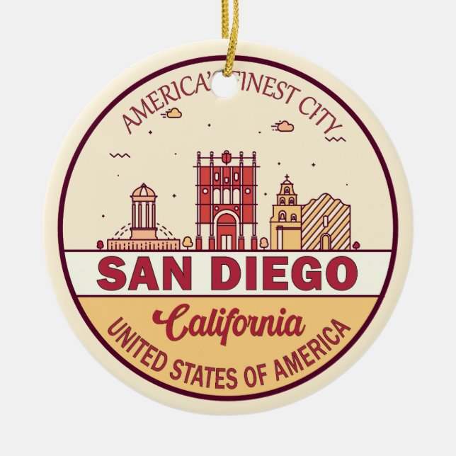 San Diego California City Skyline Emblem Ceramic Ornament (Front)