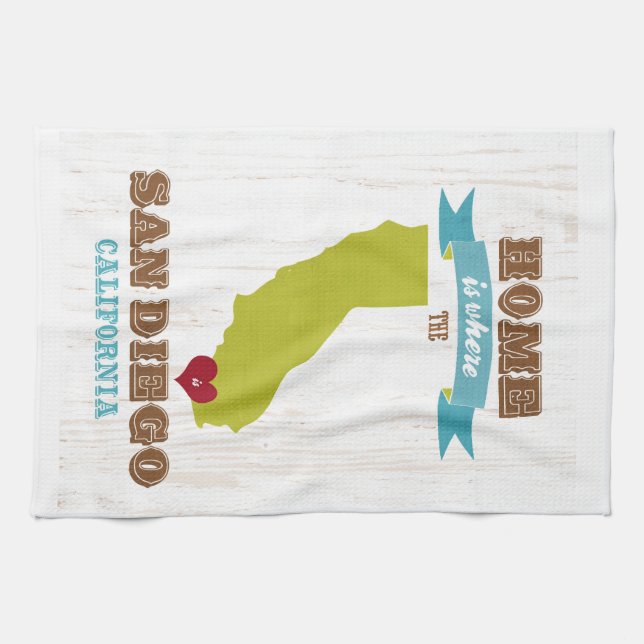 San Diego, California Map – Home Is Where The Hear Tea Towel (Horizontal)